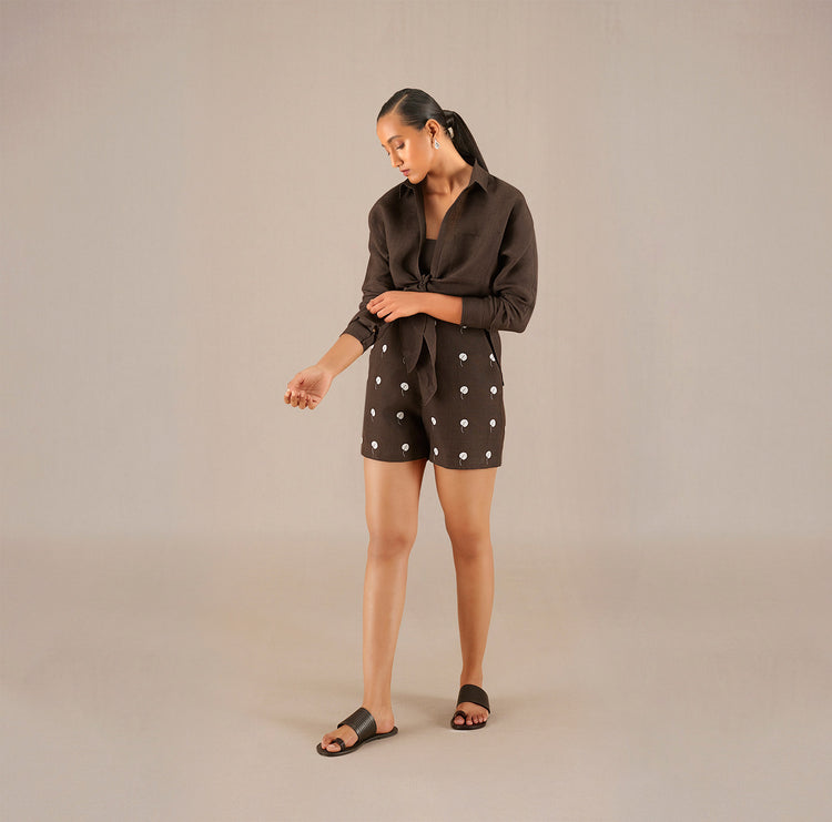 Izara Knotted Shirt Set - Dark Brown