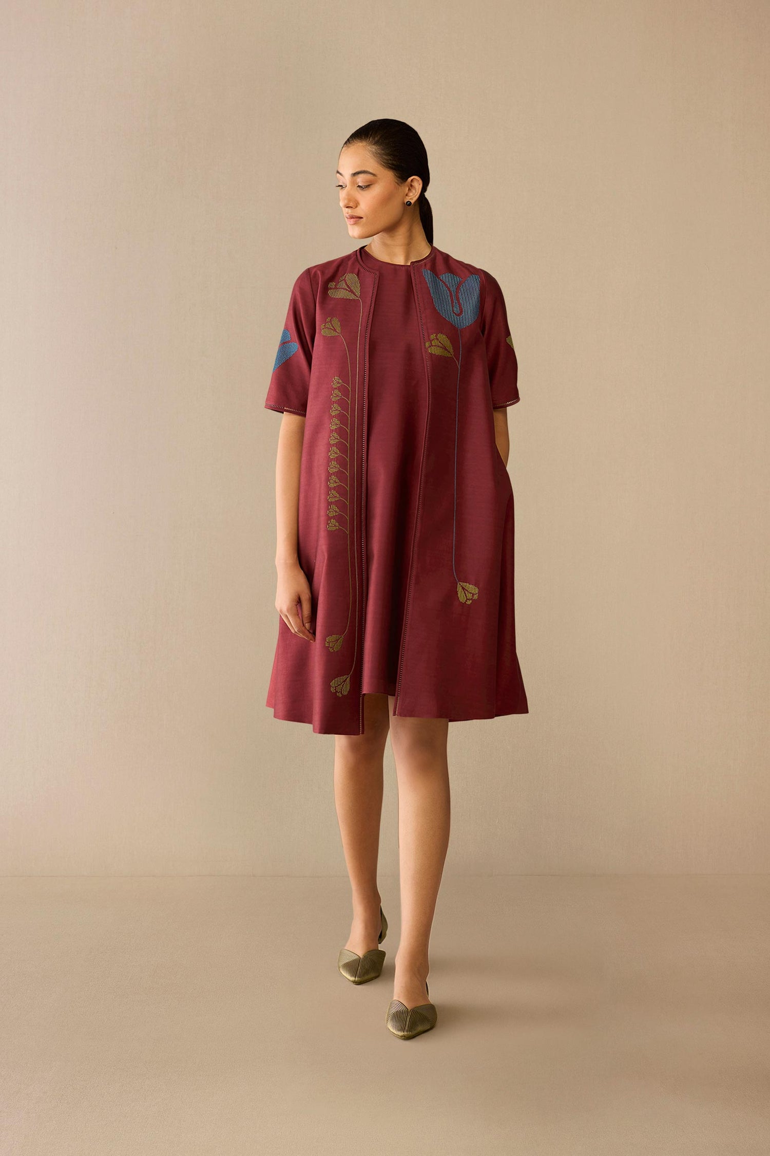  Chanderi Atara Jacket Set – Red