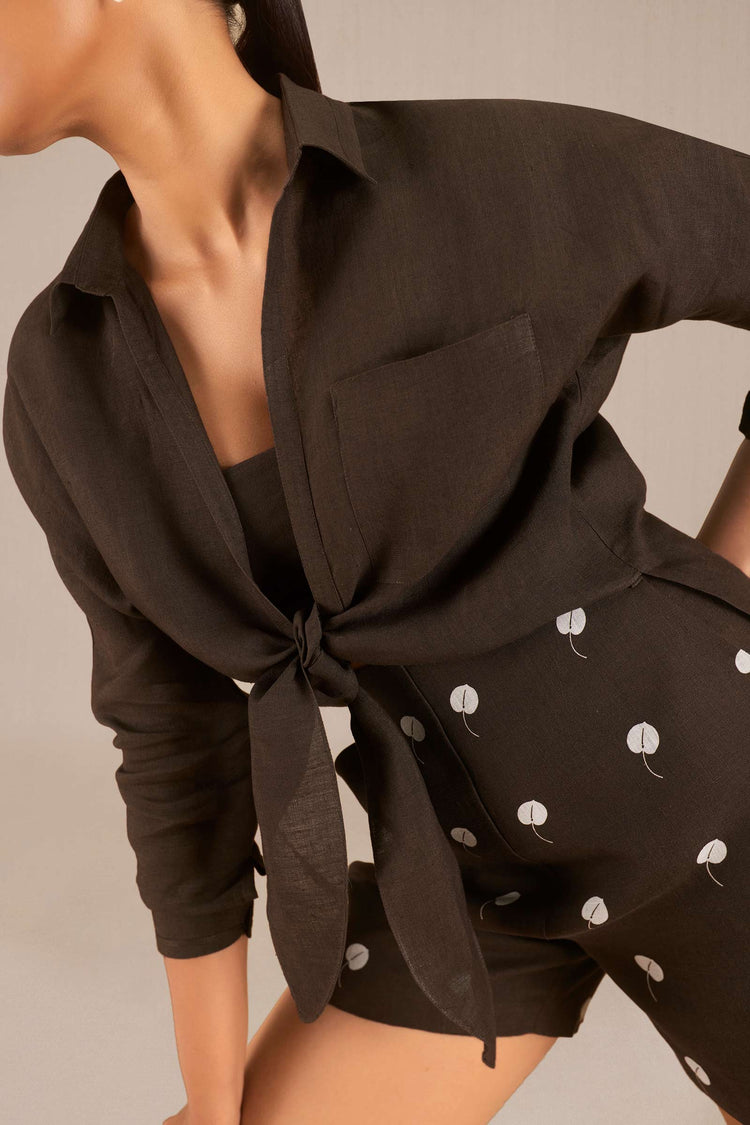 Izara Knotted Shirt Set - Dark Brown 
