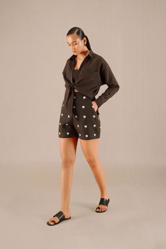 Linen Izara Knotted Shirt Set – Brown