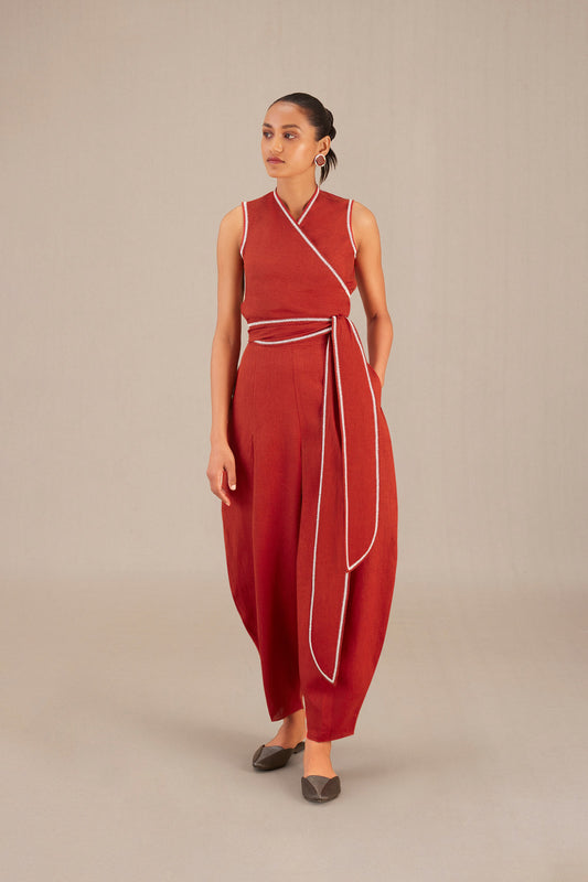 Linen Iva Wrap Top Set – Red